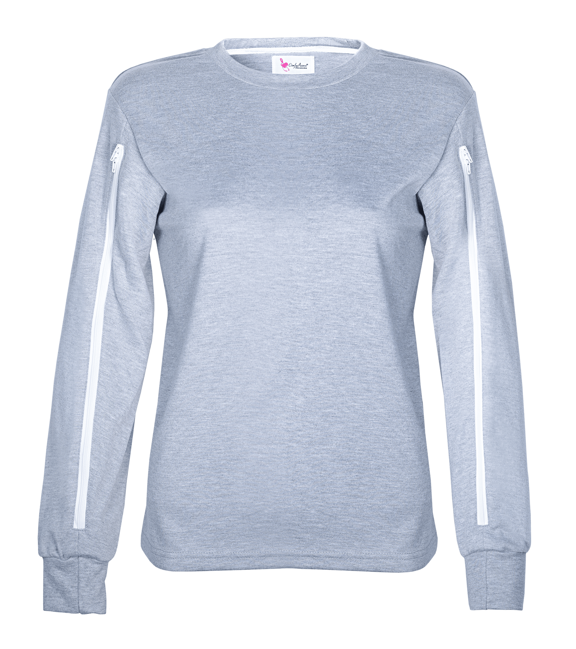 ComfyAccess®INFUSIONWEAR Dual Two Way Zipper Grey Arm Access Shirt. Great for PICC lines, arm ports, and arm dialysis sites. 