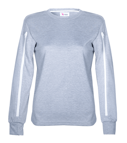 ComfyAccess®INFUSIONWEAR Dual Two Way Zipper Grey Arm Access Shirt. Great for PICC lines, arm ports, and arm dialysis sites. 