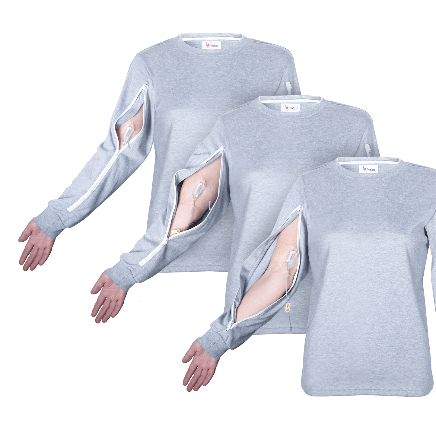 Women's ComfyAccess®INFUSIONWEAR Arm Access Shirt. Dual two-way zippers. Great for dialysis and chemo sites located in the arm. Unzip and rezip for your comfort.