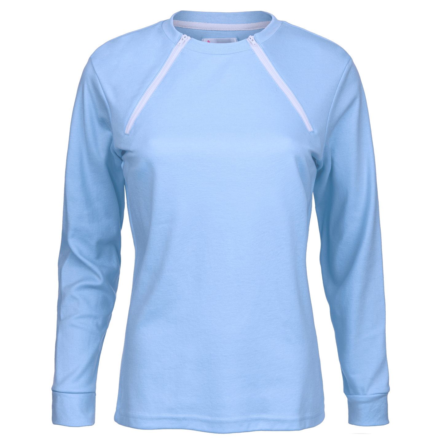 ComfyChemo®CHEMOWEAR and ComfyAccess®INFUSIONWEAR Women's Long Sleeve Periwinkle Blue Chest Access Shirt. Great for chest ports.