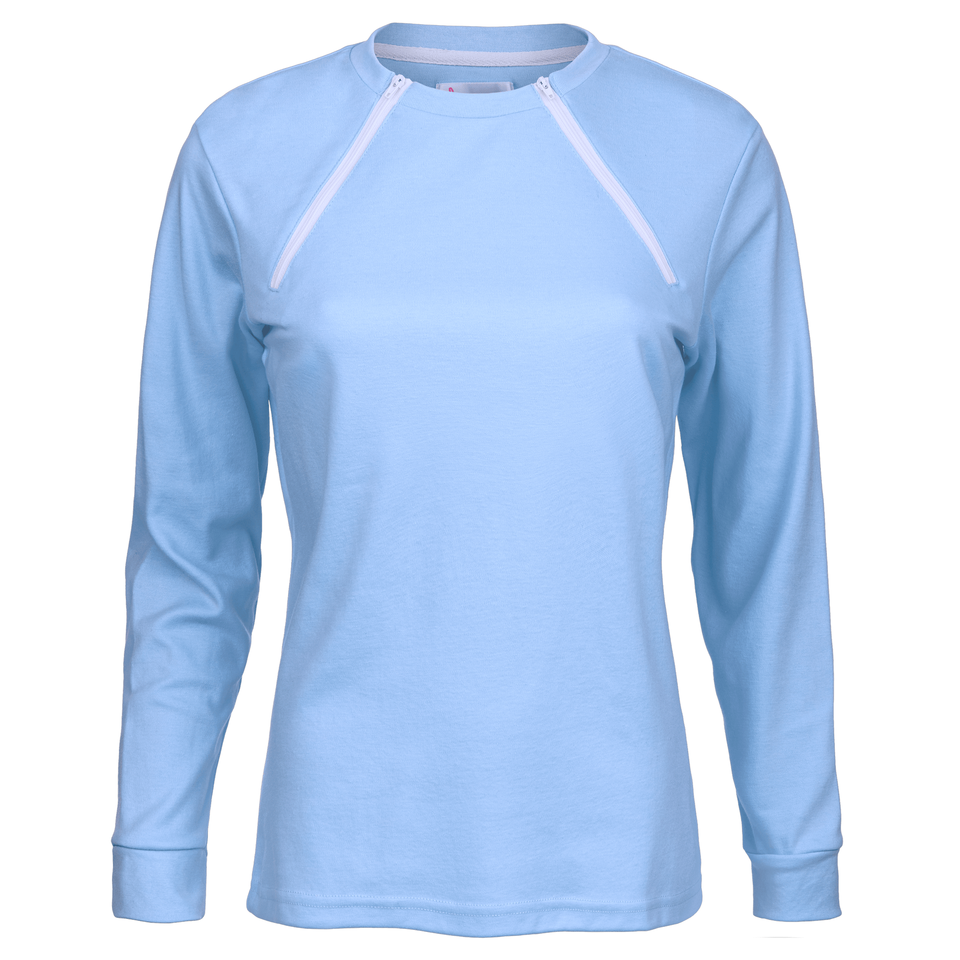 ComfyChemo®CHEMOWEAR and ComfyAccess®INFUSIONWEAR Women's Long Sleeve Periwinkle Blue Chest Access Shirt. Great for chest ports.