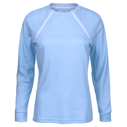 ComfyChemo®CHEMOWEAR and ComfyAccess®INFUSIONWEAR Women's Long Sleeve Periwinkle Blue Chest Access Shirt. Great for chest ports.