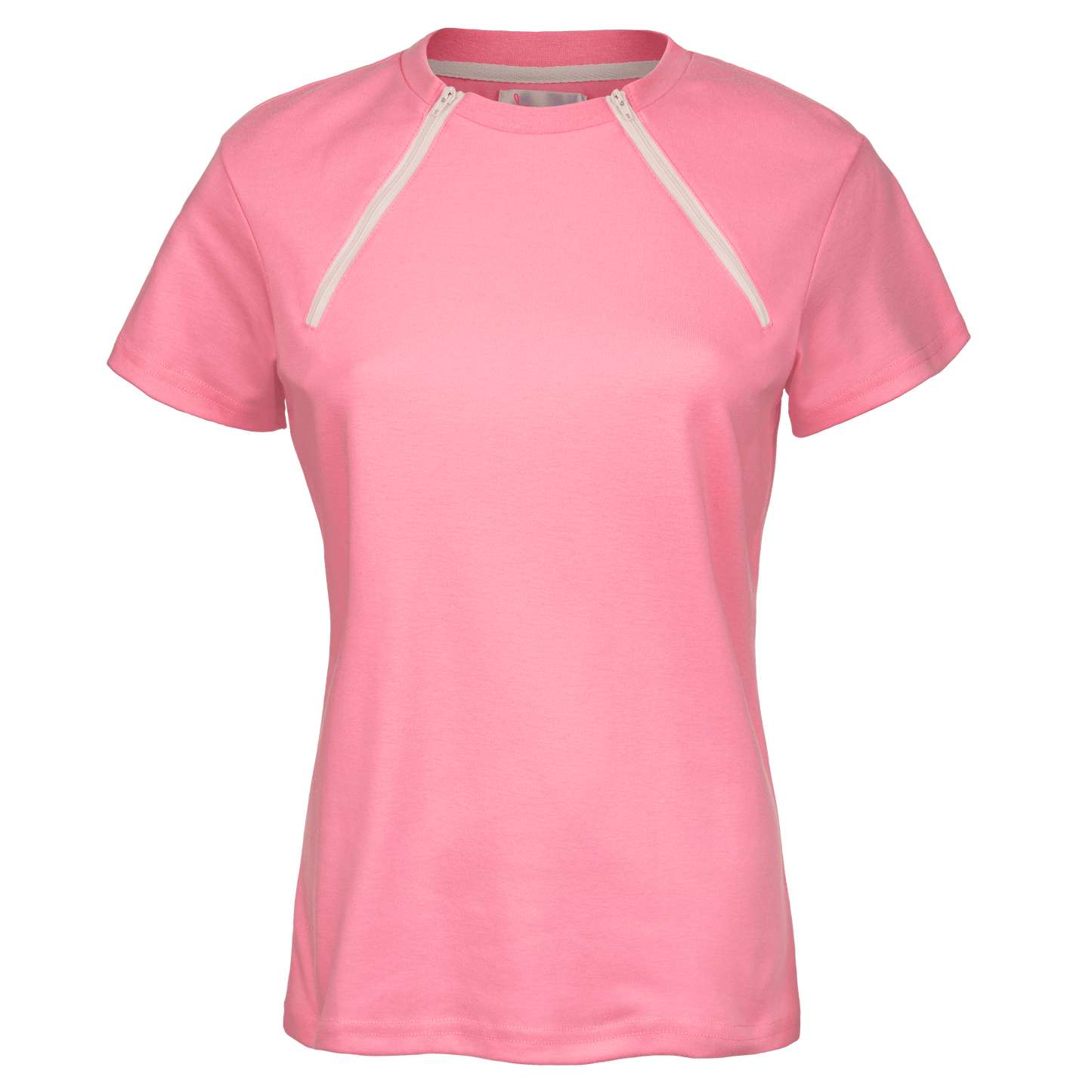 ComfyChemo®CHEMOWEAR and ComfyAccess®INFUSIONWEAR Women's dual zippered pink short sleeve chest access shirt. Great for chemo and dialysis.