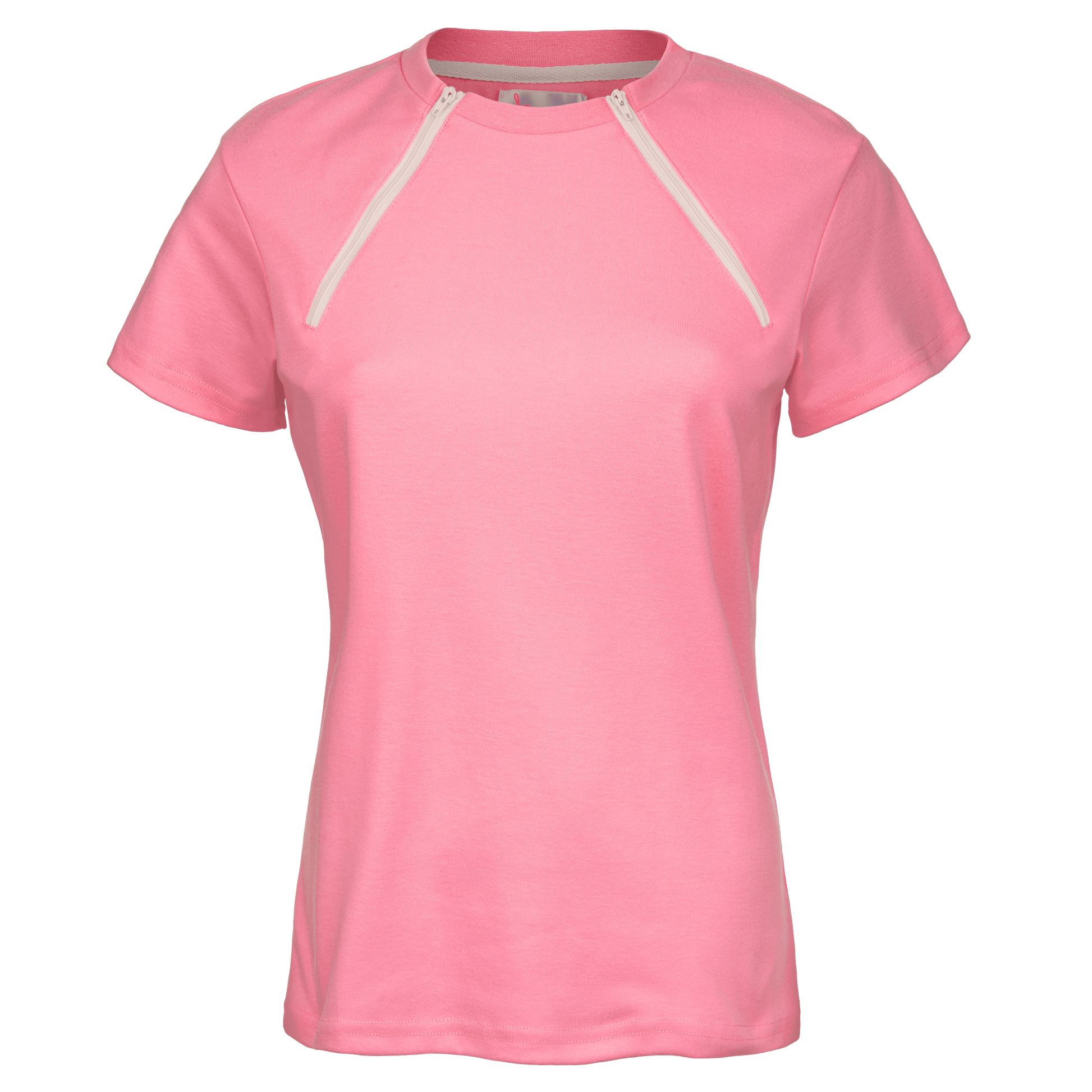 ComfyChemo®CHEMOWEAR and ComfyAccess®INFUSIONWEAR Women's dual zippered pink short sleeve chest access shirt. Great for chemo and dialysis.