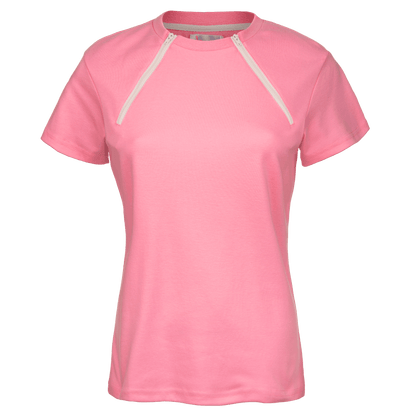 ComfyChemo®CHEMOWEAR and ComfyAccess®INFUSIONWEAR Women's dual zippered pink short sleeve chest access shirt. Great for chemo and dialysis.