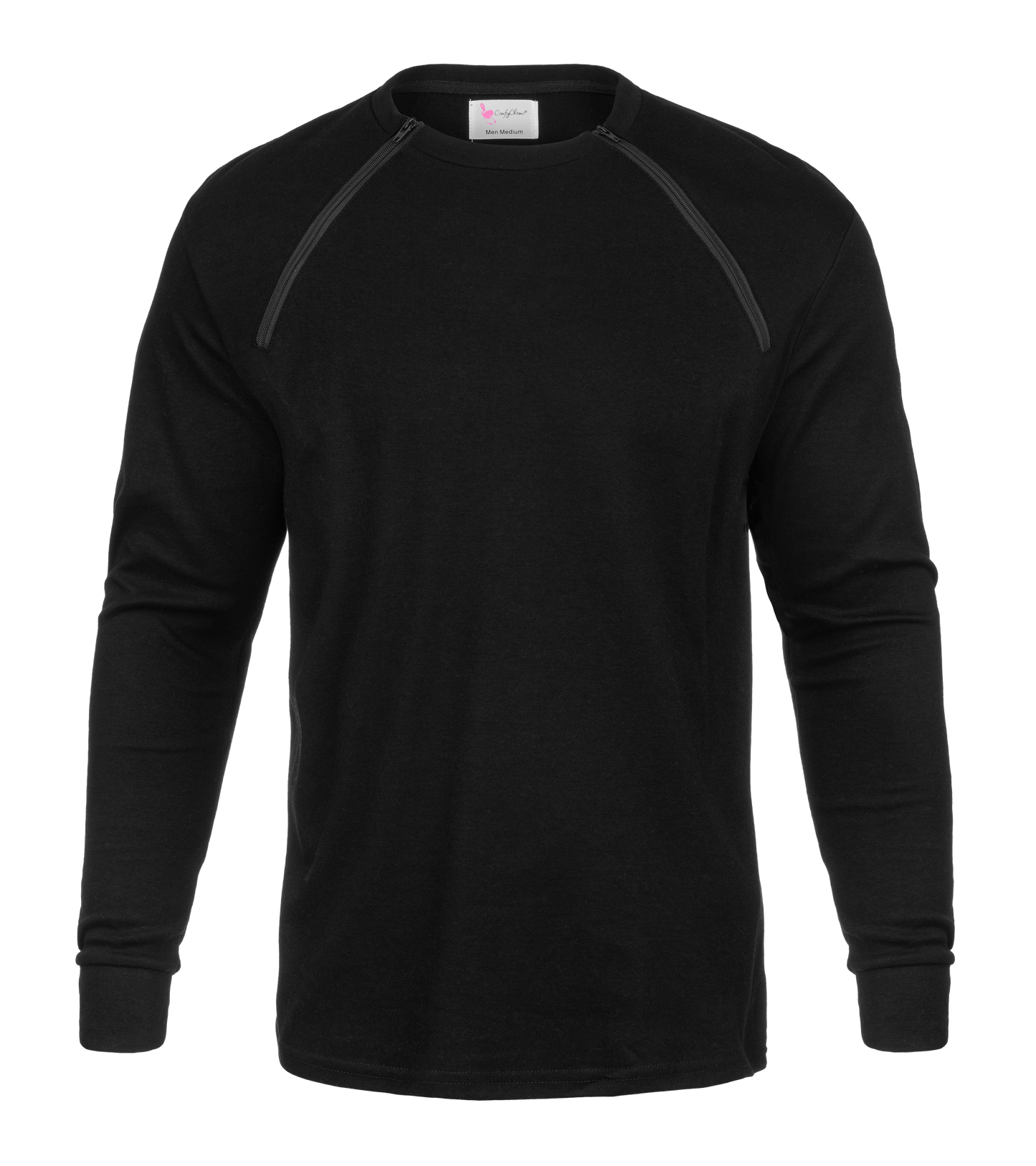 ComfyChemo®CHEMOWEAR and ComfyAccess®INFUSIONWEAR Men's Long Sleeve Black Chest Access Shirt. Great for chest ports.