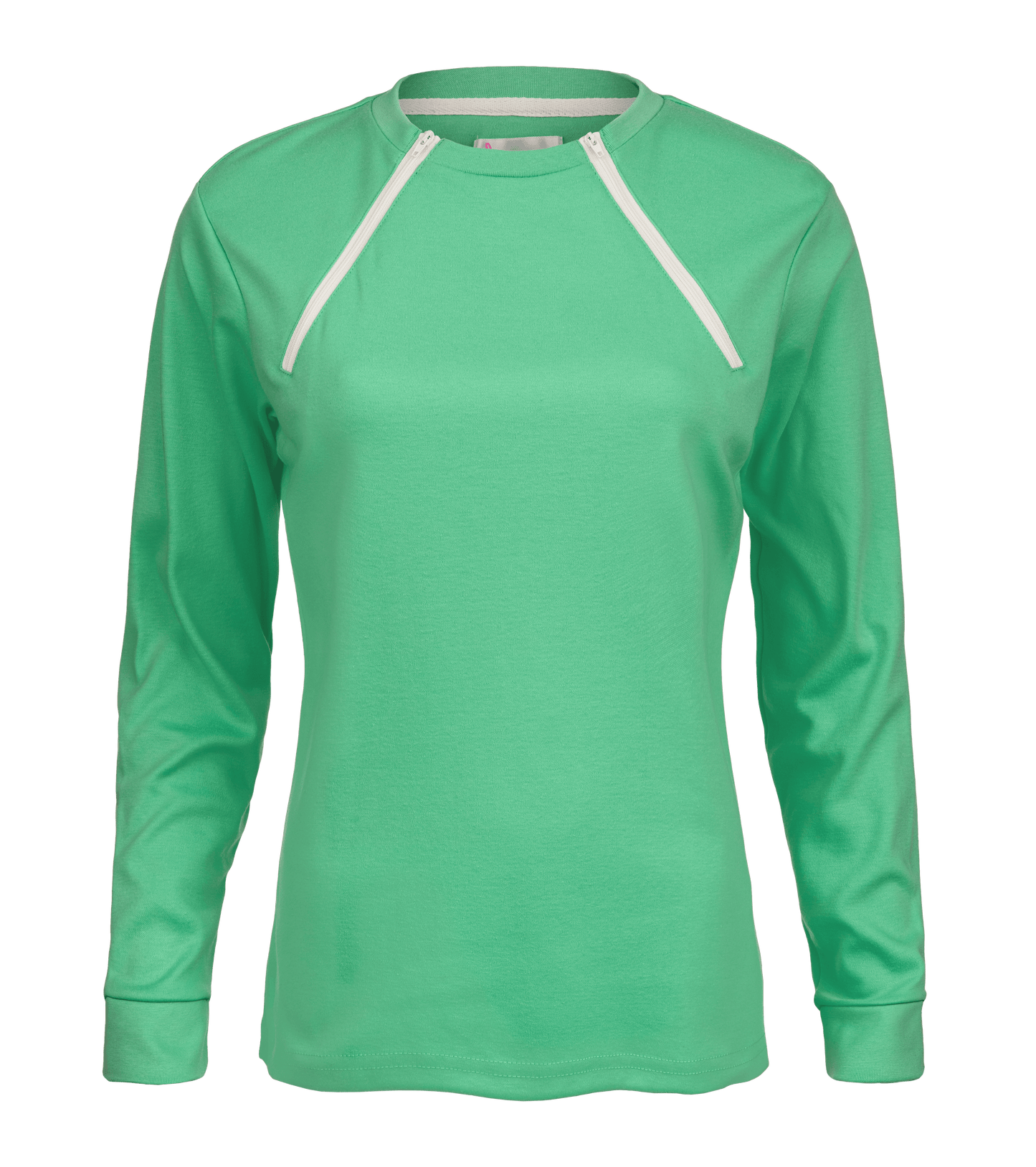 ComfyChemo®CHEMOWEAR and ComfyAccess®INFUSIONWEAR Women's Long Sleeve Aqua Green Chest Access Shirt. Great for chest ports. 