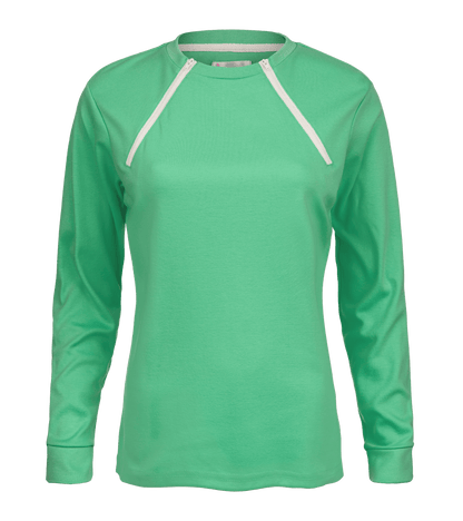 ComfyChemo®CHEMOWEAR and ComfyAccess®INFUSIONWEAR Women's Long Sleeve Aqua Green Chest Access Shirt. Great for chest ports. 