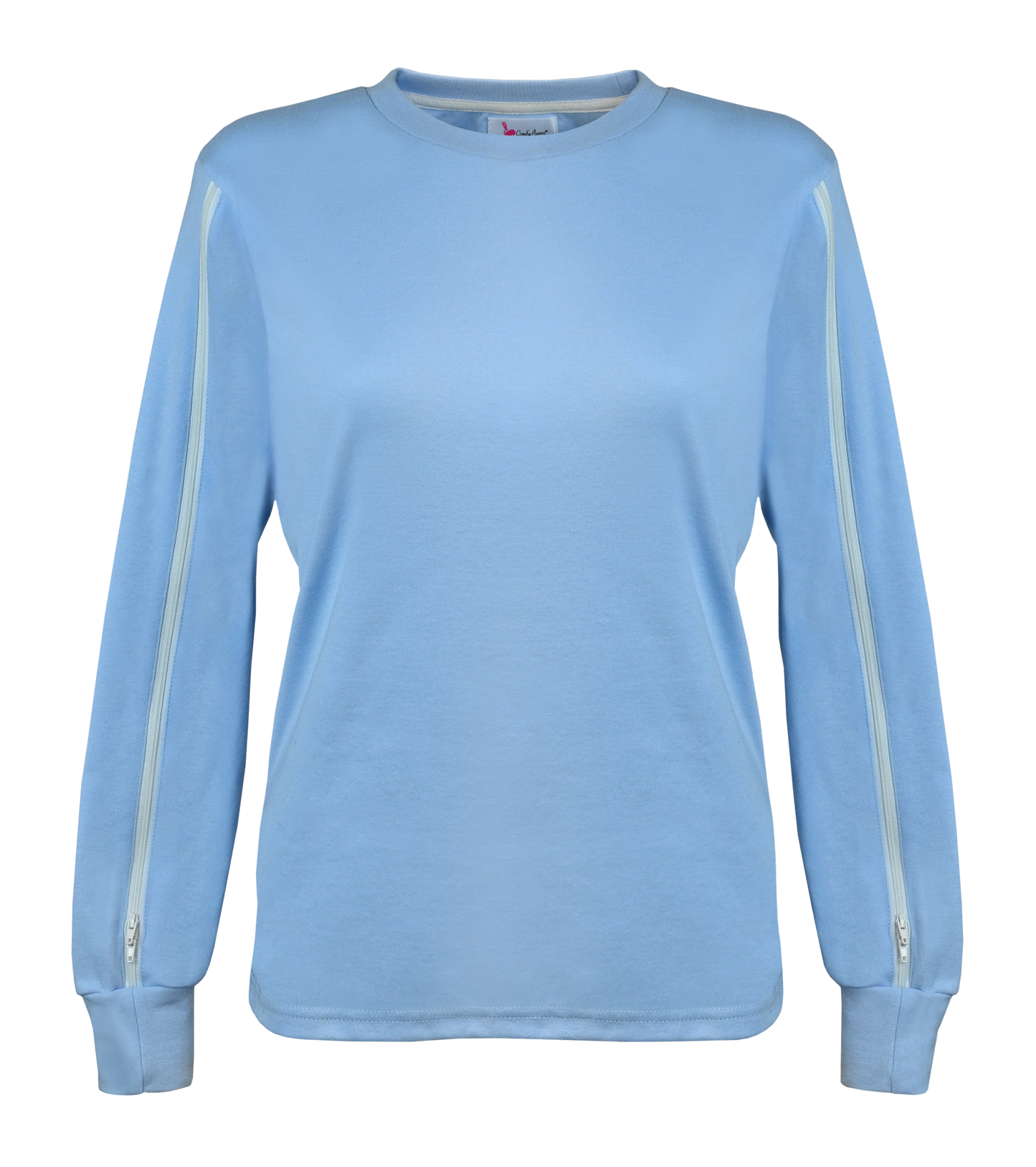 Women's ComfyAccess®INFUSIONWEAR Periwinkle Blue Arm Access Shirt. Dual two-way zippers. Great for dialysis and chemo sites located in the arm. Unzip and rezip for your comfort.