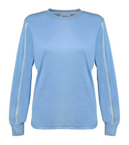 Women's ComfyAccess®INFUSIONWEAR Periwinkle Blue Arm Access Shirt. Dual two-way zippers. Great for dialysis and chemo sites located in the arm. Unzip and rezip for your comfort.
