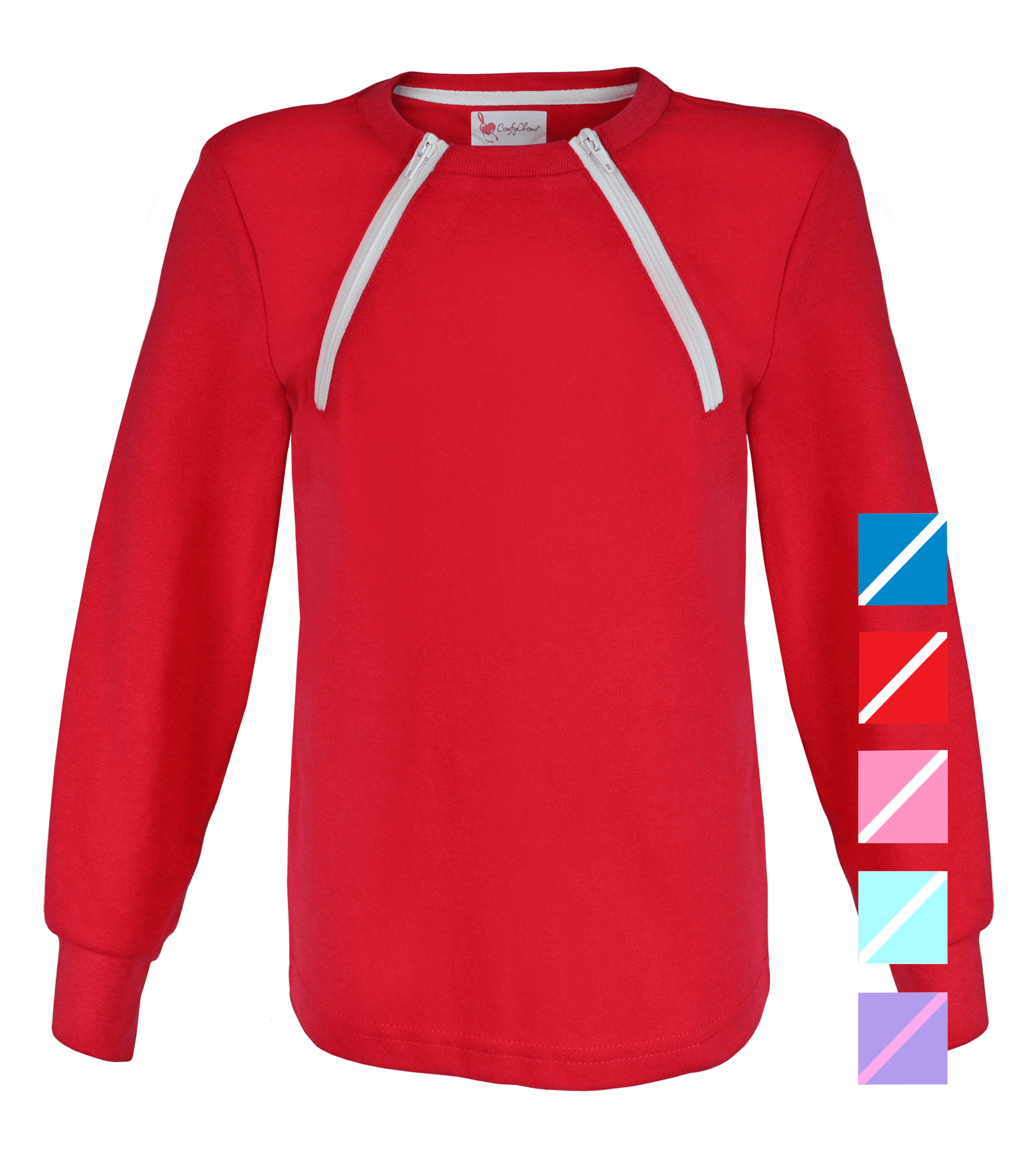 ComfyChemo® Youth Long Sleeve Chest Access Shirt with solid color option color splotch. 