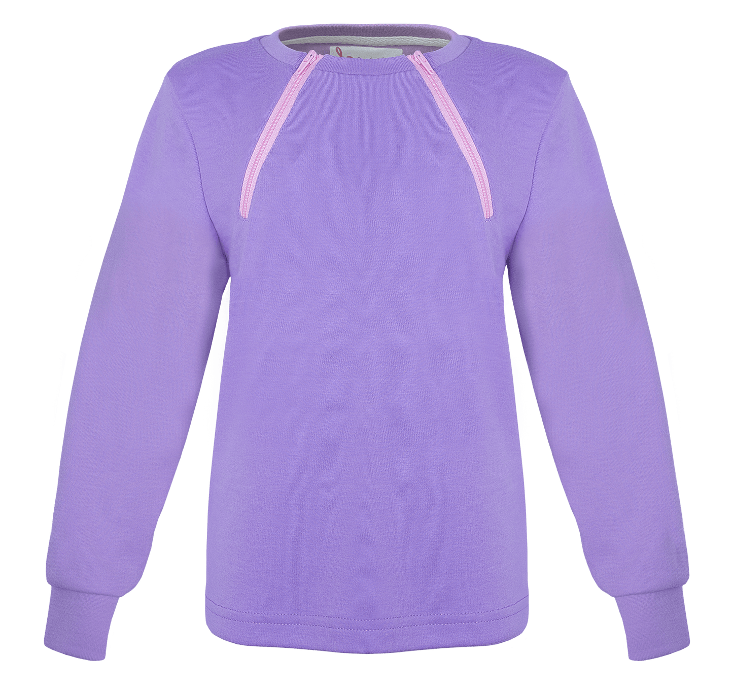 ComfyChemo® Youth Long Sleeve Chest Access Shirt. Purple color shirt with pink zipper. 