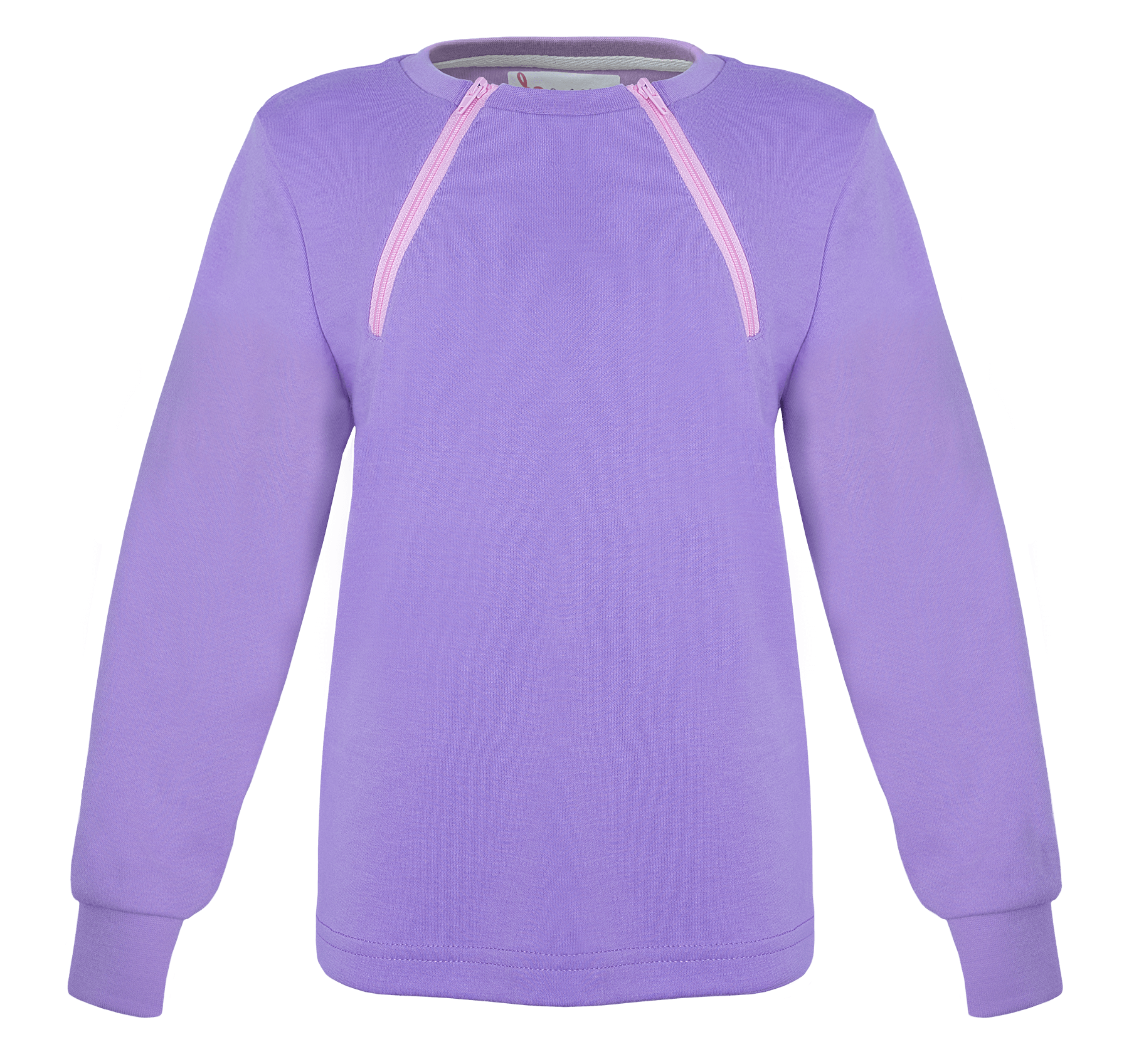 ComfyChemo® Youth Long Sleeve Chest Access Shirt. Purple color shirt with pink zipper. 
