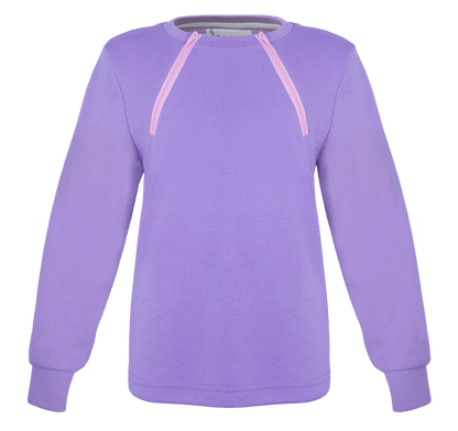 ComfyChemo® Youth Long Sleeve Chest Access Shirt. Purple color shirt with pink zipper. 