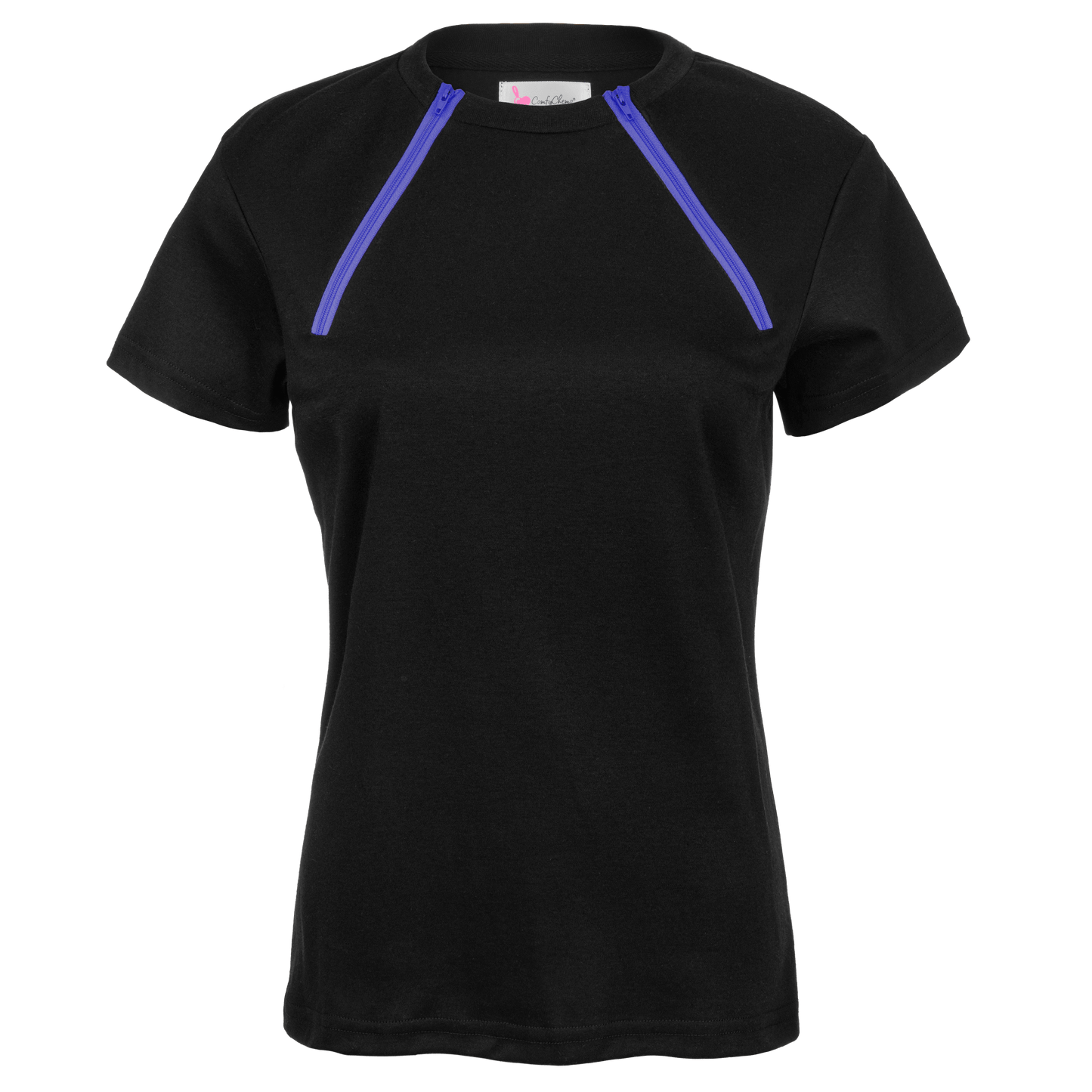 ComfyChemo®CHEMOWEAR and ComfyAccess®INFUSIONWEAR Women's dual zippered black with purple zipper short sleeve chest access shirt. Great for chemo and dialysis.