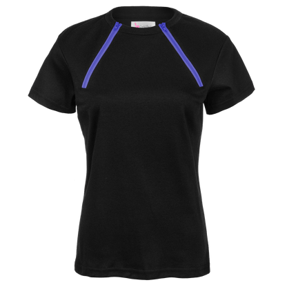 ComfyChemo®CHEMOWEAR and ComfyAccess®INFUSIONWEAR Women's dual zippered black with purple zipper short sleeve chest access shirt. Great for chemo and dialysis.