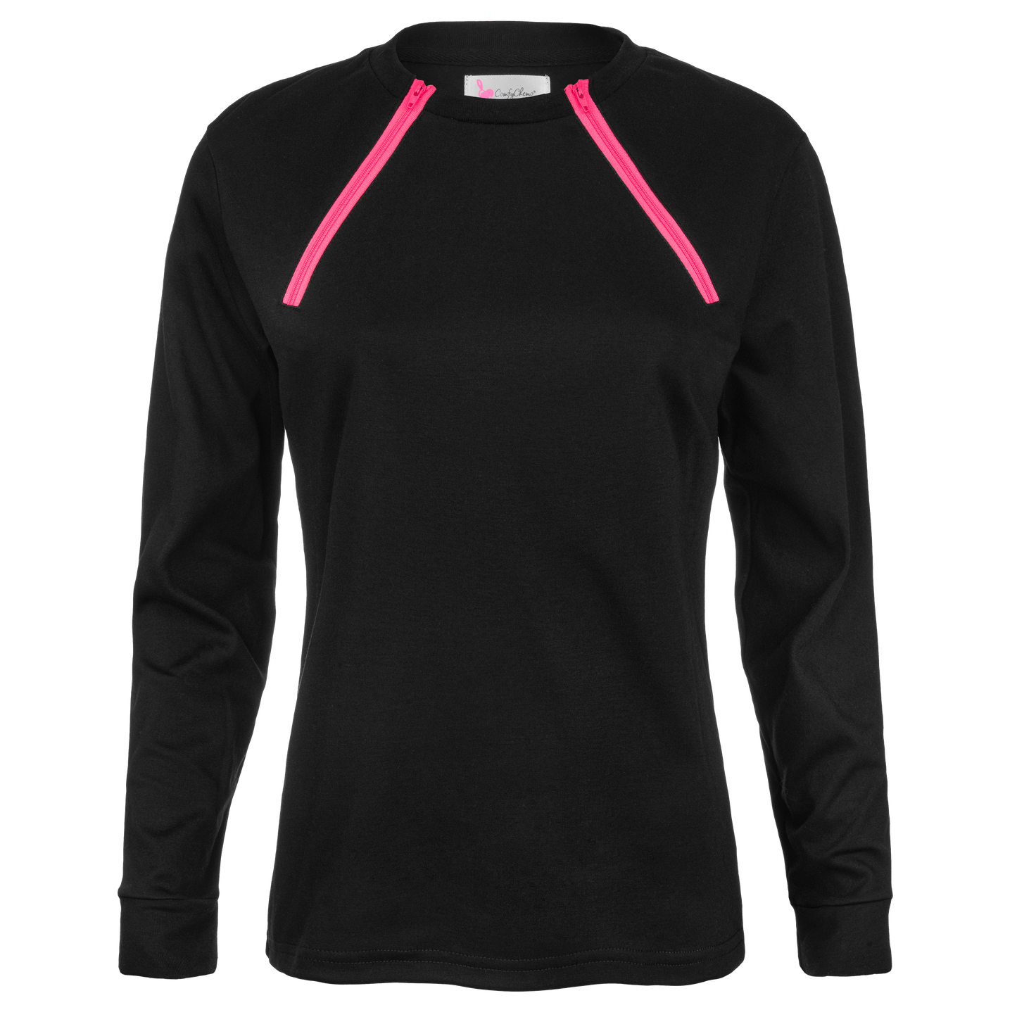 ComfyChemo®CHEMOWEAR and ComfyAccess®INFUSIONWEAR Women's Long Sleeve FunZip Black with Pink Zipper Chest Access Shirt. 