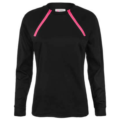 ComfyChemo®CHEMOWEAR and ComfyAccess®INFUSIONWEAR Women's Long Sleeve FunZip Black with Pink Zipper Chest Access Shirt. 